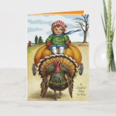 Thanksgiving Turkey Boy Riding Pumpkin Feestdagen Kaart (Voorkant)