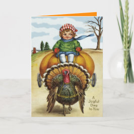 Thanksgiving Turkey Boy Riding Pumpkin Feestdagen Kaart
