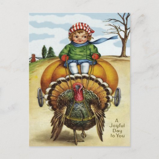 Thanksgiving Turkey Boy Riding Pumpkin Feestdagenkaart (Voorkant)