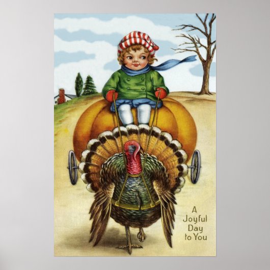 Thanksgiving Turkey Boy Riding Pumpkin Poster (Voorkant)