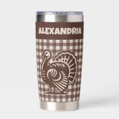 Thanksgiving Turkey Brown & Tan Plaid Name Geïsoleerde Drinkbeker (Achterkant)