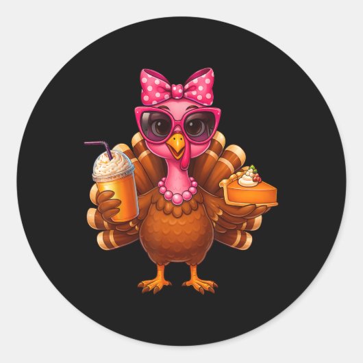 Thanksgiving Turkey Drinking Coffee Bow Pie Turkey Ronde Sticker (Voorkant)