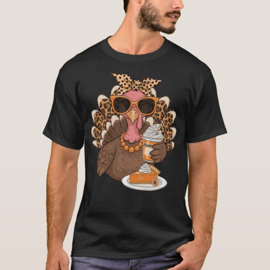 Thanksgiving Turkey Drinking Coffee Leopard   T-shirt (Voorkant)