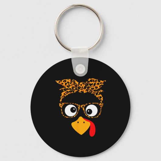 Thanksgiving Turkey Face Leopard Print Gles Autumn Sleutelhanger (Voorkant)