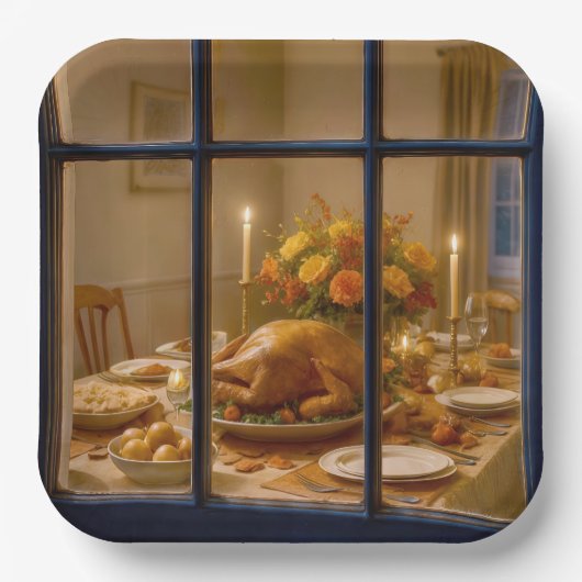 Thanksgiving Turkey Feast In Window Papieren Bordje (Voorkant)