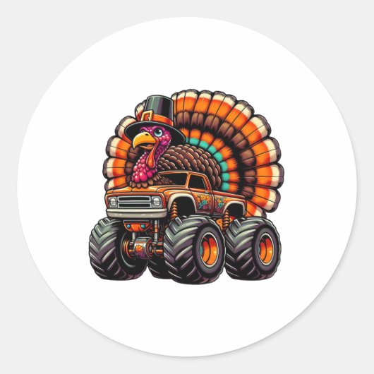 Thanksgiving Turkey Riding Monster Truck Boys Kids Ronde Sticker (Voorkant)