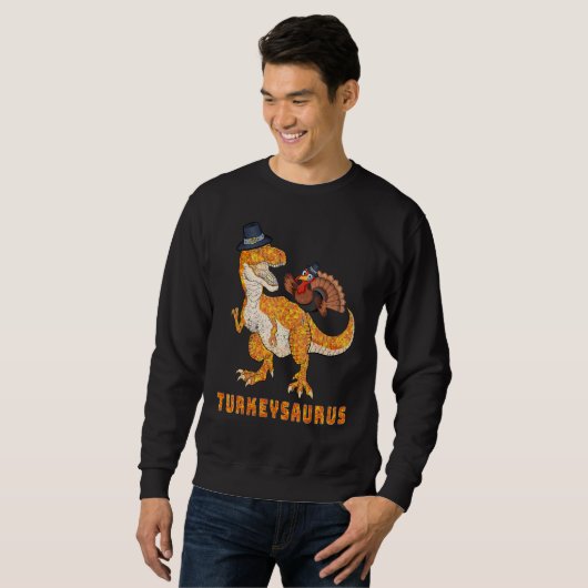Thanksgiving Turkey Riding Saurus Dinosaur Turkey Trui (Voorkant volledig)