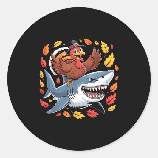 Thanksgiving Turkey Riding Shark Funny Autumn Boys Ronde Sticker (Voorkant)