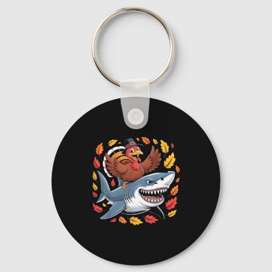 Thanksgiving Turkey Riding Shark Funny Autumn Boys Sleutelhanger (Voorkant)