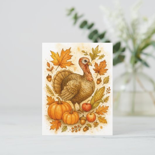 Thanksgiving Turkey Watercolor Postcard Feestdagenkaart (Staand voorkant)