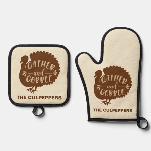 Thanksgiving Turkije Aangepaste naam Verzamelen en Ovenwant & Pannenlap Set (Voorkant)