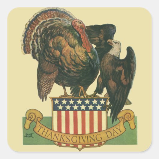 Thanksgiving Turkije, Eagle, Amerikaanse vlag Vierkante Sticker (Voorkant)