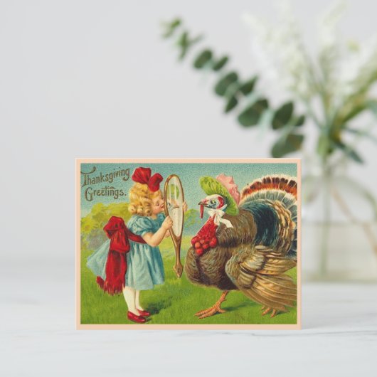 Thanksgiving Turkije en meisje Feestdagenkaart (Staand voorkant)