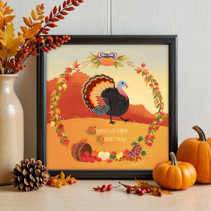 Thanksgiving Turkije Herfst Oogst Ronde Kunst Prin Poster