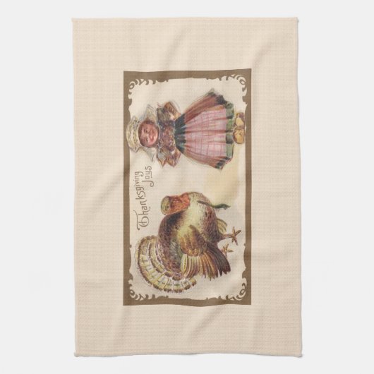  Thanksgiving, Turkije met Pilgrim Girl Theedoek (Verticaal)