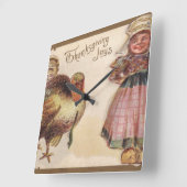 Thanksgiving Turkije met Pilgrim-meisje Vierkante Klok (Hoek)