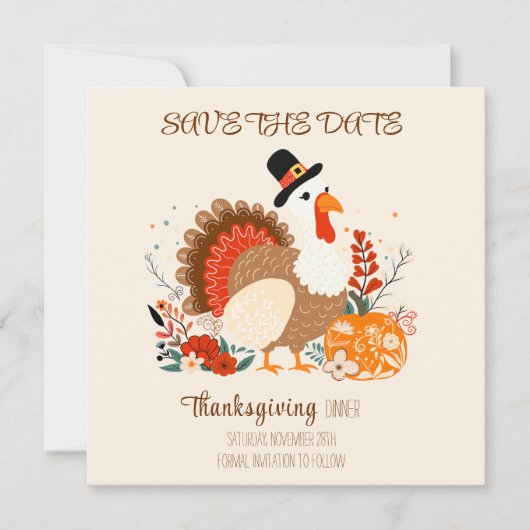 Thanksgiving Turkije met pompoenen en herfstverlof Save The Date (Voorkant)