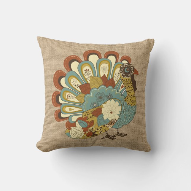 Thanksgiving Turkije op faux Burlap Pillow Kussen (Voorkant)