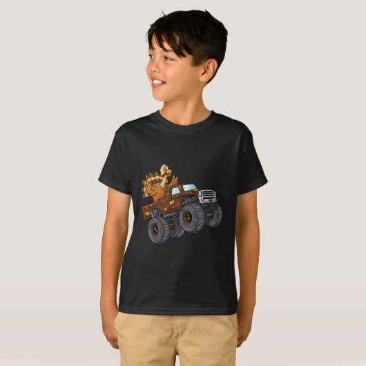 Thanksgiving Turkije Riding Monster Truck Boys Kin T-shirt (Voorkant volledig)