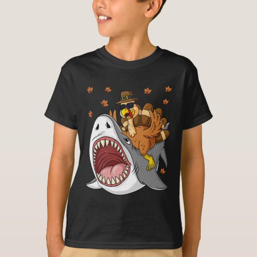 Thanksgiving Turkije Riding Shark Fun Peuter Boys T-shirt (Voorkant)
