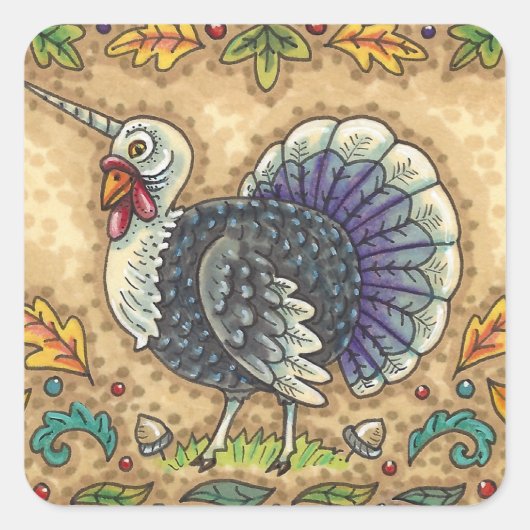 THANKSGIVING TURKIJE UNICORN, WEEFSELS VIERKANTE STICKER (Voorkant)