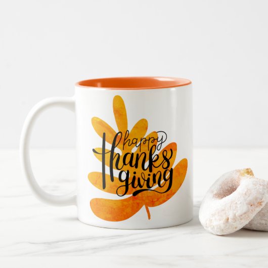 Thanksgiving Typografie met Herfst Leaf Tweekleurige Koffiemok (Met donut)