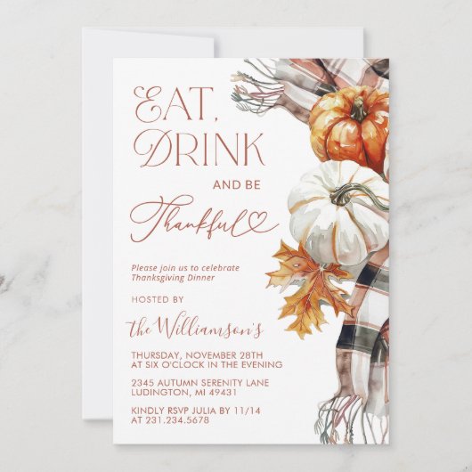 Thanksgiving uitnodiging - eet Drink + wees dankba (Voorkant)