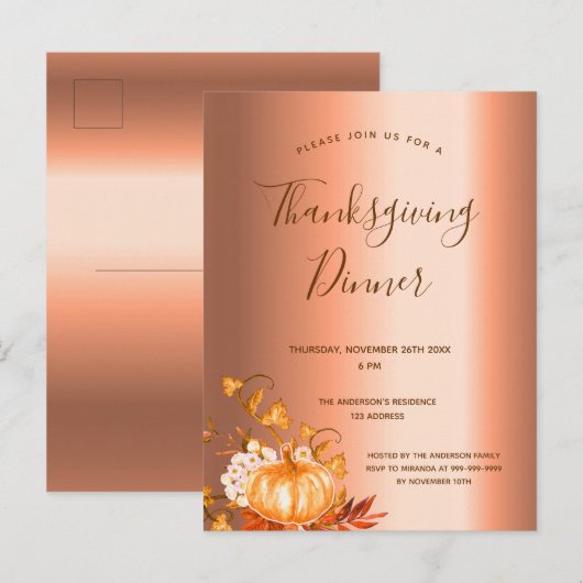 Thanksgiving uitnodiging voor pumpkin koperen  (Voorkant / Achterkant)