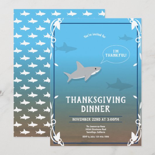 Thanksgiving Vakantie Dankbaar Haai Blauw Wit Kaart (Voorkant / Achterkant)