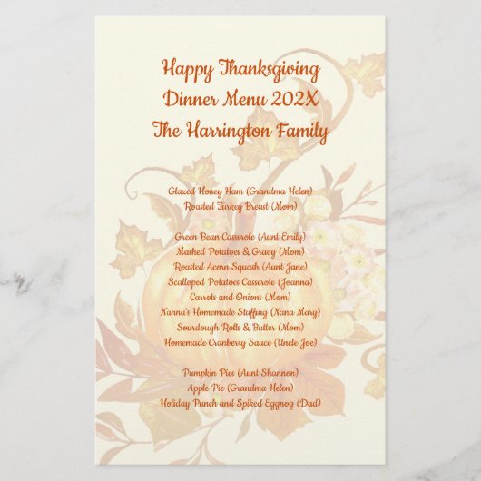 Thanksgiving van familie menu menu Ecru Oranje (Voorkant)