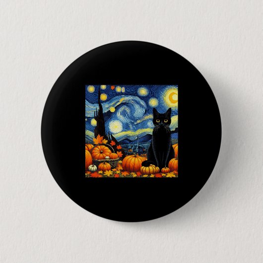 Thanksgiving Van Gogh Starry Night Black Cat Pumpk Ronde Button 5,7 Cm (Voorkant)