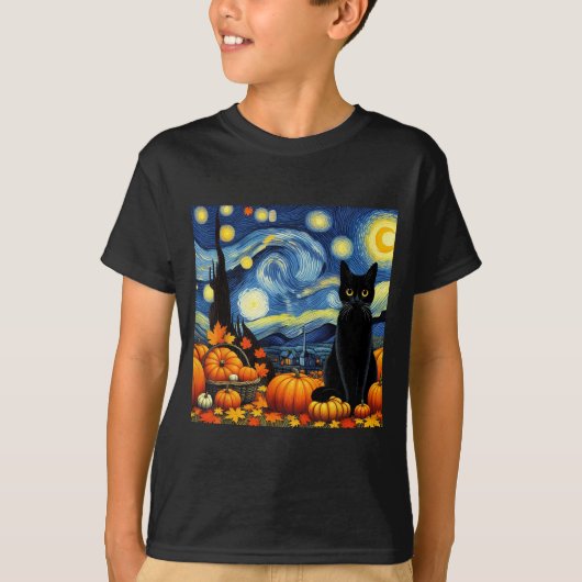 Thanksgiving Van Gogh Starry Night Black Cat Pumpk T-shirt (Voorkant)