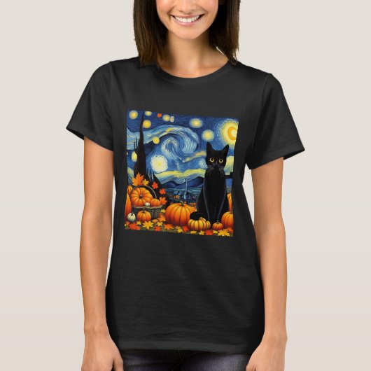 Thanksgiving Van Gogh Starry Night Black Cat Pumpk T-shirt (Voorkant)