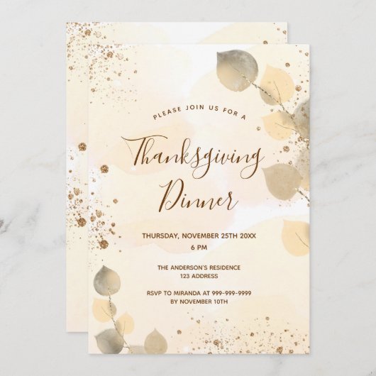 Thanksgiving van gouden eucalyptusbladeren kaart (Voorkant / Achterkant)