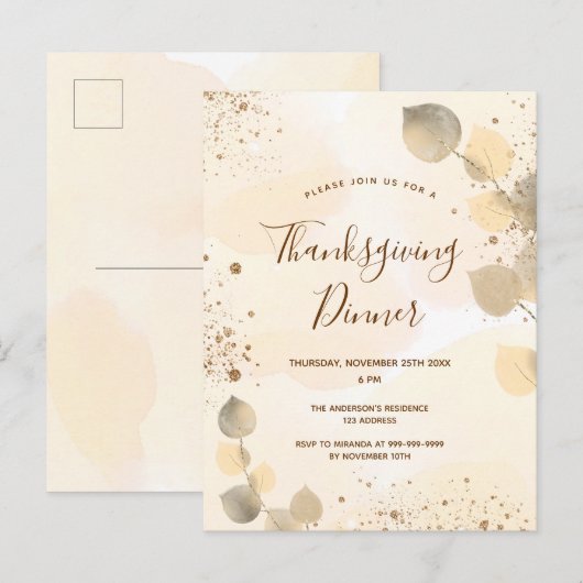 Thanksgiving van gouden eucalyptusbladeren uitnodiging briefkaart (Voorkant / Achterkant)