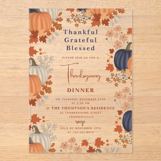 Thanksgiving van grateful Blessed Pumpkin Acryl Uitnodigingen (Voorkant)