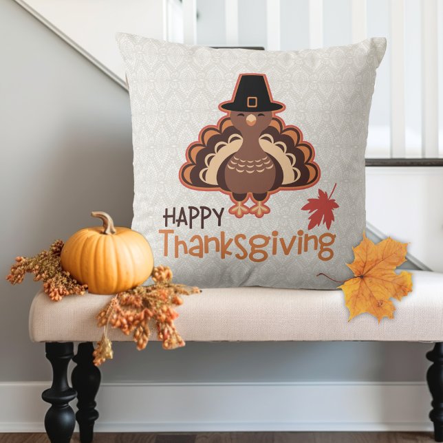 Thanksgiving van Pilgrim Turkey Greetings Kussen (Pilgrim Turkey Thanksgiving Greetings Throw Pillow)