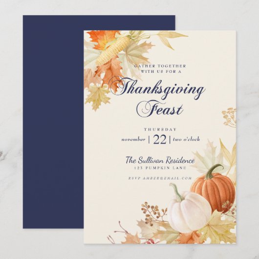 Thanksgiving Ventilator Floral Pumpkin Navy Blue Kaart (Voorkant / Achterkant)