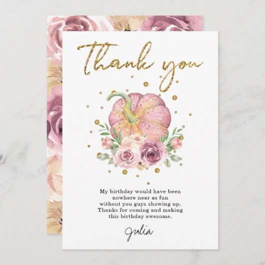 Thanksgiving Verjaardags Pompoen Roze Bedankkaart (Voorkant / Achterkant)