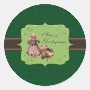 Thanksgiving Vintage Pilgrim Girl Ronde Sticker