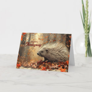 Thanksgiving Vintage Stekelvarken in Herfstbladere Feestdagen Kaart