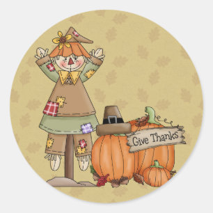 Thanksgiving vogelverschrikker, pompoenen ronde sticker