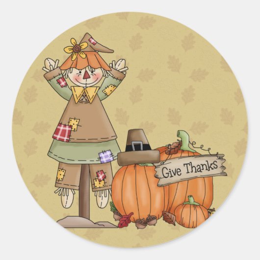 Thanksgiving vogelverschrikker, pompoenen ronde sticker (Voorkant)