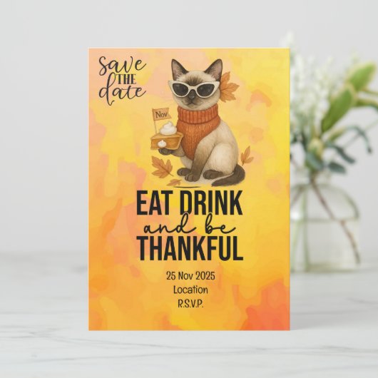 Thanksgiving voor kattenliefhebbers met pompoentaa kaart (Staand voorkant)