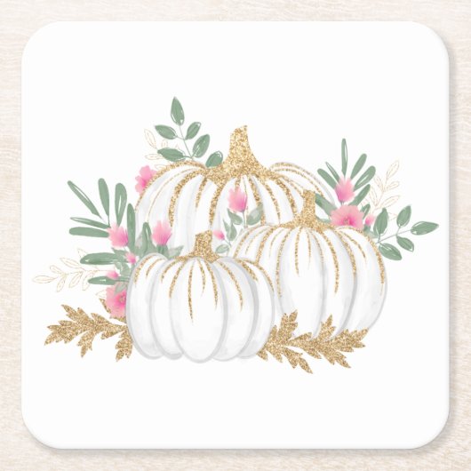 Thanksgiving voor roze Floral Gold Pumpkin-bruilof Kartonnen Onderzetters (Voorkant)