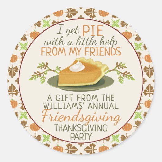 Thanksgiving Vriendsgiving Pompoen Pie Party Favor Ronde Sticker (Voorkant)