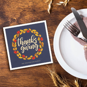 Thanksgiving Watercolor Herfstkrans Navyblauw Servet