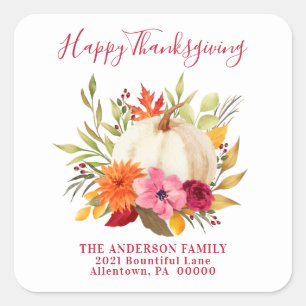 Thanksgiving WATERVERF FLORAL PUMPKIN ADRES Vierkante Sticker