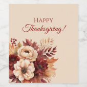 Thanksgiving-Waterverf Herfst Bloemen- Wijn Etiket (Enkel label)