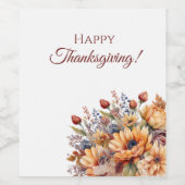 Thanksgiving-Waterverf Herfst Bloemen- Wijn Etiket (Enkel label)